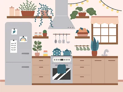 Cozy kitchen interior adobe illustrator cartoon cozy design drawing flat flatdesign flower hand drawn house houseplants illustration interior kitchen plants room vector