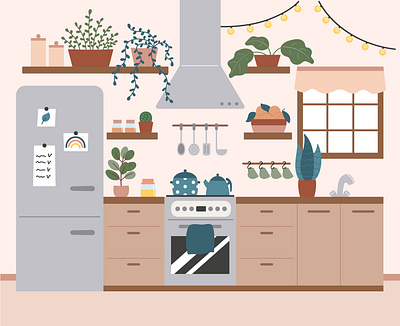 Cozy kitchen interior adobe illustrator cartoon cozy design drawing flat flatdesign flower hand drawn house houseplants illustration interior kitchen plants room vector