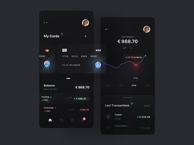 Wallet App balance banking app black blur chart credit card crypto dark finance graph hologram ios minimal mobile app mobile design money neobank ui ux visa card