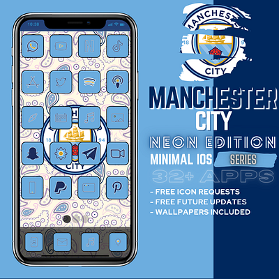 Manchester City iOS 14 32+ iPhone App Icon Pack Design Style app branding football club home screen icon illustration ios ios 14 ios app ios app design ios apps ios14 ios14homescreen ios14icons ipad iphone manchester manchester city