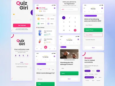 Quizgiri pages app best ui branding challenge color icon logo minimal quiz quiz app trivia ui ux