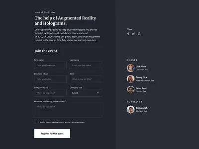 Register to Webinar UI Design dark theme dark ui event register form form design form ui ildiesign register register form register page register ui design registration form ui ui design ui design daily ui pattern web design website design