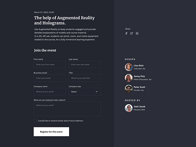 Register to Webinar UI Design dark theme dark ui event register form form design form ui ildiesign register register form register page register ui design registration form ui ui design ui design daily ui pattern web design website design