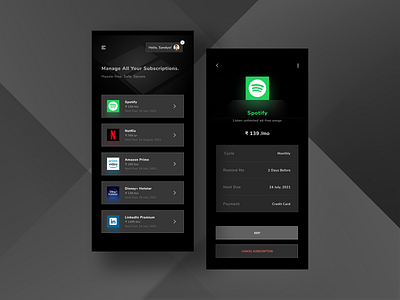 Subscriptions Manage App app branding dark theme dark ui figma flat freelance design illustration minimal subscriptions ui ux vector