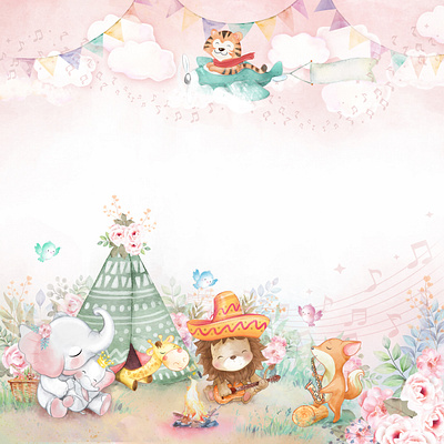 Baby animals went for camping animals design flower illustraion layout nature