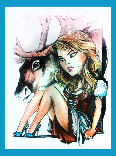 Finland girl with deer animal beautiful beauty cute deer ethnic europe face friends friendship girl horn legs long hair tradition