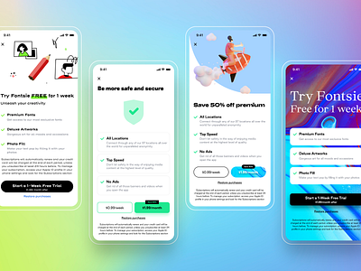 Paywall screens for Fontsie and Safe-Fi app artwork editing editor filter illustration internet ios neel network paywall people photo prakhar sharma subscription ui ux vpn wifi