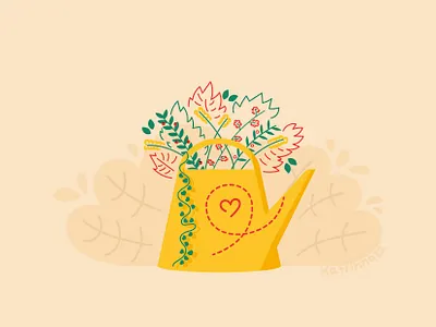 YELLOW POT bush flowers garden green illustration outline red vector watering can yellow