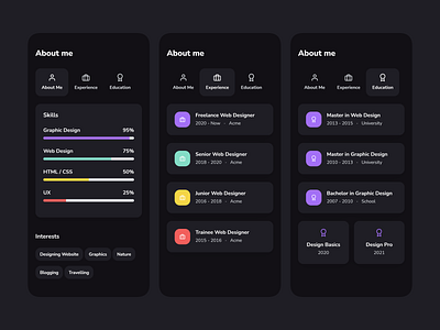 Resume / CV Mobile Shots certificate clean cv dark design education experience hobbies interests job minimal mobile modern resume skills template theme ui ux work