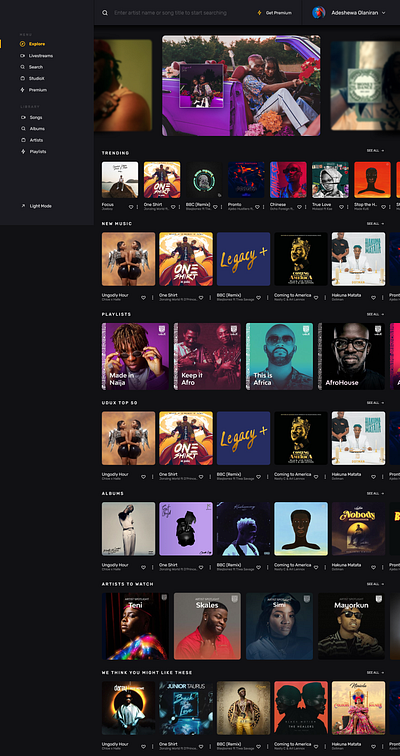 Explore Page for Music Streaming app dashboad explore homepage