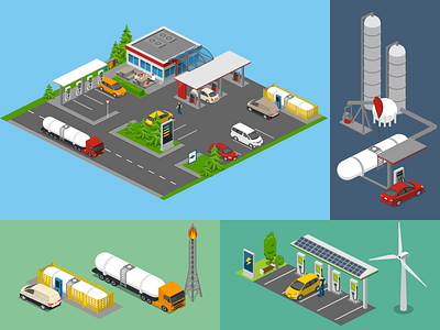 Gasoline vs Electricity 2.5d charging station gas station gasoline illustration isometric petrol template vector