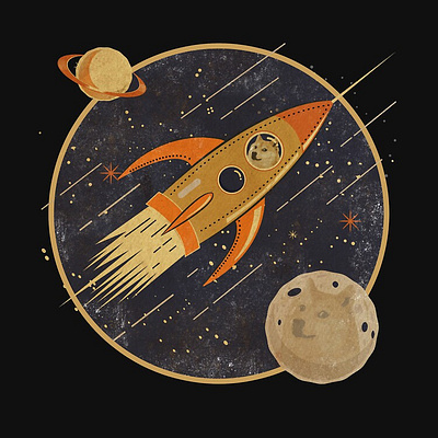 Shiba dog going to the moon. design drawing illustration retro shirt shirt design vector