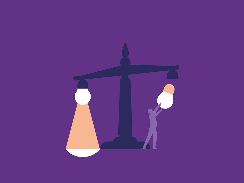 People-centered justice character concept design graphic illustration innovation justice lamp law light lightbulb man minimal people scale spot vector