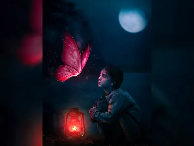 A Child's Curiosity || A Fantasy Photoshop Manipulation adobe adobe photoshop butterfly child dribbble fantasy fantasy art manipulation night photo photography photoshop photoshop editing sky speedart