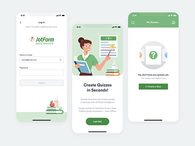 JotForm Quiz Maker app app design application character design editorial education empty screen exam girl illustration login screen onboarding quiz app school sign in signup teacher ui