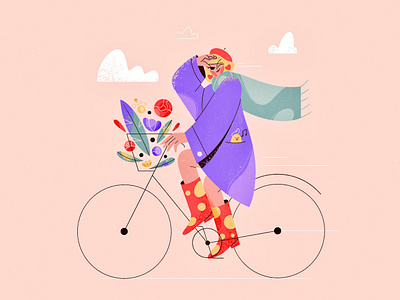 Looking for the spring 2d character bird blog illustration character design coat color palette explainer flat illustration flowers girl character graphic love pastel procreate purple rain boots riding spring texture vector