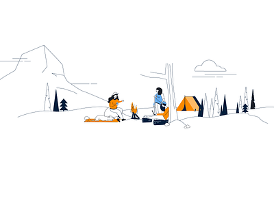 Women Camping Trip Illustration backpacking bonfire camp campfire camping dog dog sleeping group orange tent women