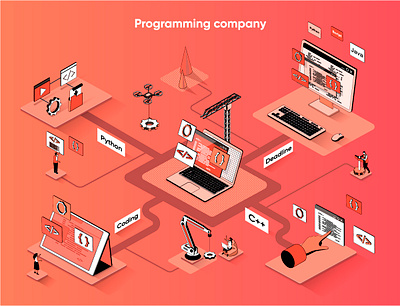Programming Company Isometric 3D Vector Illustration 3d banner coding concept design development flat illustration interface isometric isometry landing landing page page poster program template vector web website