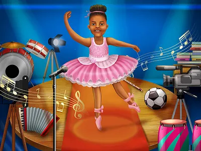belle girl afro hair american afro beauty belle black girl book illustration colors cover design dance digital art dream fantasy illustration lights music painting pink stage storybook teenage girl