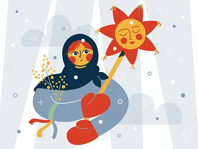 It's pancakes time! adobe illustrator carnival character girl holiday illustration maslenitsa mittens pancakes postcard shrovetide snow spring sun traditional vector winter woman
