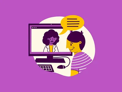 Telehealth character computer cute doctor fun happy health healthcare illustration illustrator joy medical mental patient people purple spot illustration technology yellow
