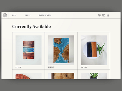 Products Page | Elwood Design Co. adobe xd branding buy now cutting board e commerce website epoxy grid layout hover effect hover state photography product grid product page serif font shopify ui ui design ux ux design webflow woodworking