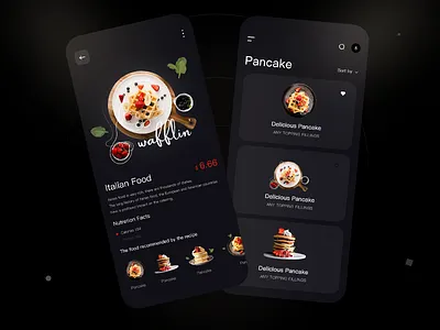 Food Mobile APP-Dark Version 2 app branding dark theme dark version design dessert dumpling food delivery foodie pancakes ui web website
