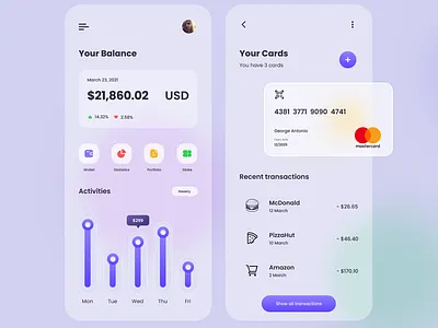 Digital Wallet Explorations in Glassmorphism app design app designer figma figmadesign glassmorphism mobile app ui uidesign uiux