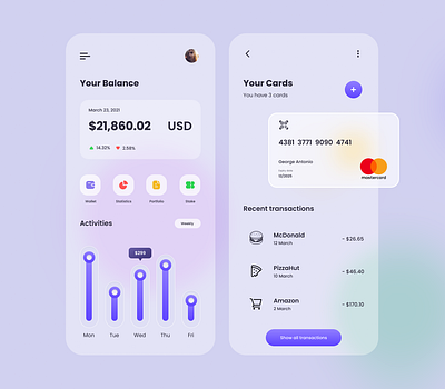 Digital Wallet Explorations in Glassmorphism app design app designer figma figmadesign glassmorphism mobile app ui uidesign uiux