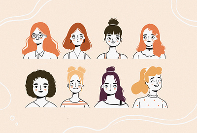 Faces and Hairstyle avatar branding character character design design digital art expressions faces female flat girl girl character hairstyle illustration line art people simple illustration vector woman