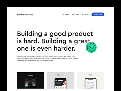 Solvers UX Audits – Exploration animation black clean design desktop homepage interaction landing landing page minimal typography ui ux video web website white