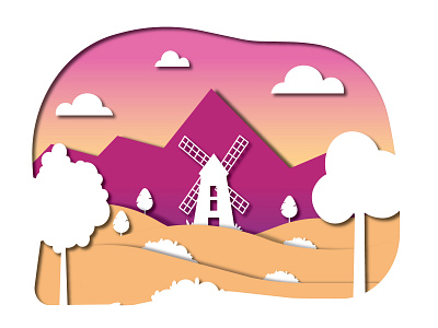 Windmill adobe illustrator design flat illustration illustrator landscape mountains sunset vector windmill