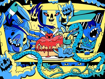 Cake day alien birthday birthday cake cake cherry cold craving desert digital dope excited fire food fridge happy illustration smile smoke snake vector