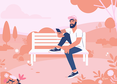 Guy on a Bench beard bench cap cellphone character design flat design flowers guy illustration nature park reading sit sneakers trees vector artwork