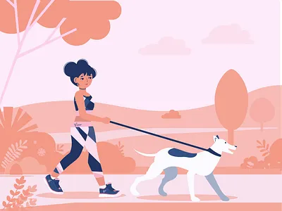 Girl-Walking Dog character design dog dog walking flat illustration flowers girl illustration art nature park pet sneaker sportwear trees vector artwork walking