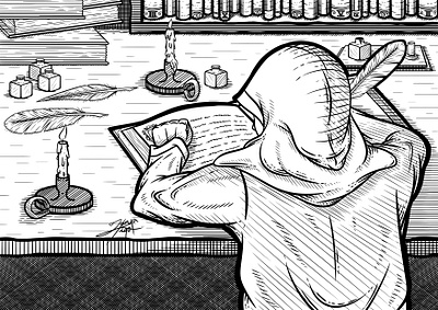 Scribe book books candle cross hatching drawing figure hood hooded illustration ink light line line art line drawing line work male man quill stylized writing
