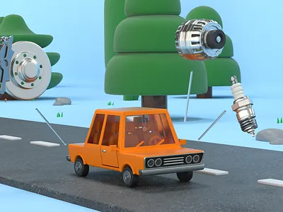 Repair parts 3d illustration 3d rendering brake car car parts classic driving environment explainer video forest grass illustration journey nature plants repair shop road tires trees trip