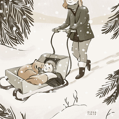 Winter Walk baby baby cuddling animal baby cuddling fox baby fox baby hugging animal baby hugging fox canada children childrens illustration fox fox and baby fox illustration illustration kids illustration monochrome mountains nursery sepia snow winter