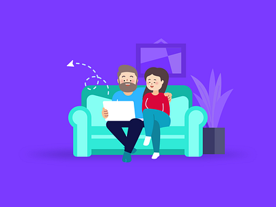 Comfy couch transfers 💸 2d character design couple cute design finance flat design hanateh home illustration laptop money app paysend safe simple ui design vector