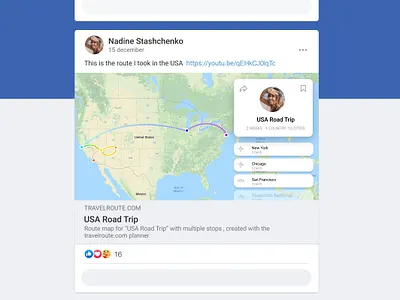 Travel Route App. Sharing via Facebook app design facebook facebook post design features feed mobile app planner planner app route share sharing sketch travel travel app traveling ui ux
