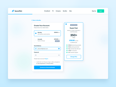 SpeedNet blue branding broadband checkbox checkout checkout flow design fields form forms interface internet minimal shadow sign in sign up ui ux web website