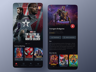 Marvel TV streaming app branding dark theme darkui design interface ios marvel app marvel studios movie movie app netflix streaming app tv show ui ux