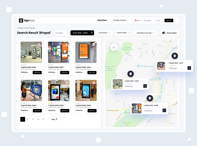 Search Screen Map View Ui ad campaign ad schedule book screen dashboard design digital screen management indian design studio indian designer indianpix map map view minimal dashboard ui modern map ooh sanket sanket pal search listings signgaze