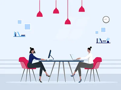 women working in office with laptop concept character employees figmadesign girl character illustration laptops vector illustration womens working from home