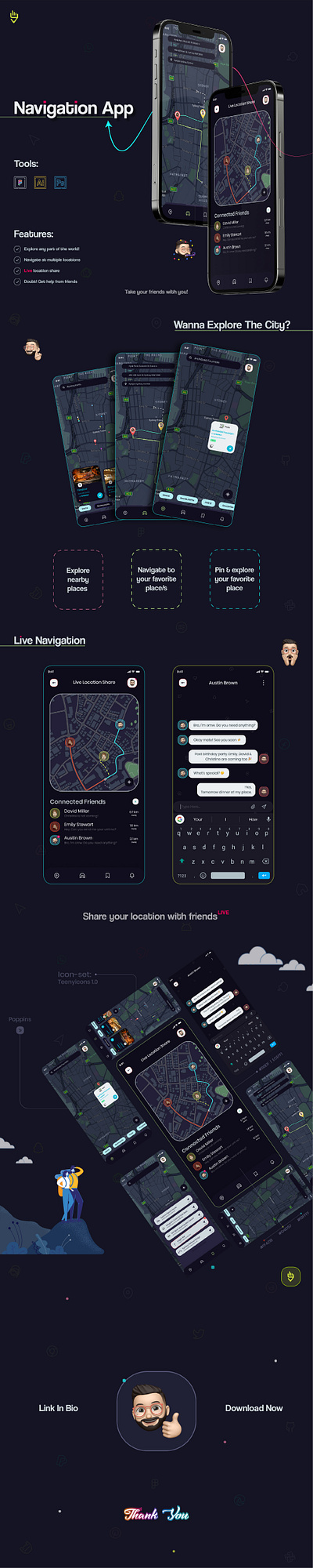 Navigation App Concept dark mode direction gps interaction design live location location sharing map mobile mobile ui navigation tracking ui ui design ui inspiration uiux ux design