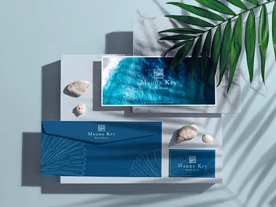 Mauna Key Beach House blue blue and white boutique hotel brand identity branding clean clean design concept hotel branding logo design minimal ocean ocean logo sea shells stationary design