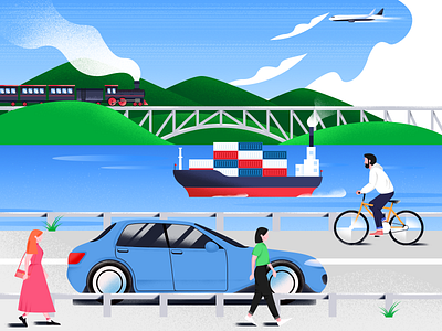 Transportation airplane art bike bridge car cargo ship characters color design gradient illustration mountain river road sea texture train transport transportation vector