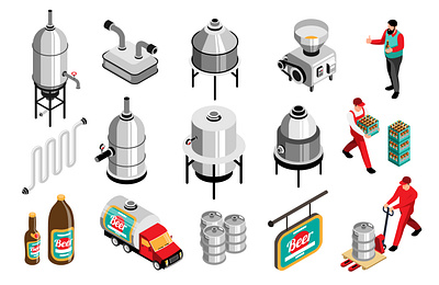 Brewery beer set beer bottle brand brewery equipment fermenters illustration isometric vector