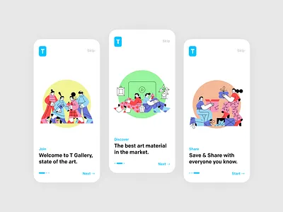 Onboarding for Art Gallery App | Vili app app design art art app blue design figma flat gallery green icon illustration minimal modern museum pink pofessional ui ux yellow