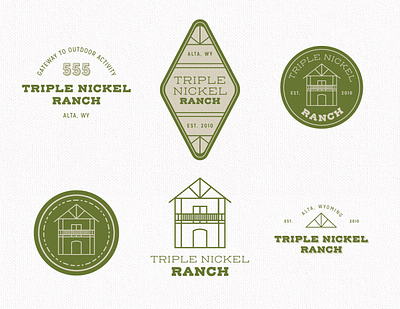 Triple Nickel Ranch Cabin Logo Designs badge logo branding cabin house logo illustrations lockup logo design logos monoline mountain outdoor logo tetons vacation wyoming